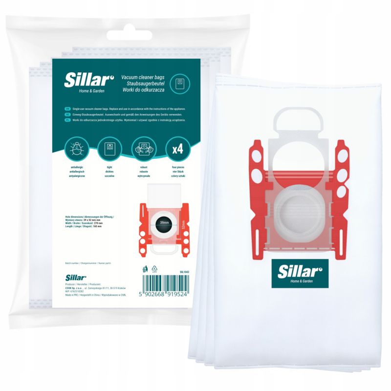 Worki do odkurzacza, Sillar, syntetyczne, antyalergiczne, zamiennik do Bosch GL20/30 Serie 2 4 6 G9, 27x16cm, 4szt