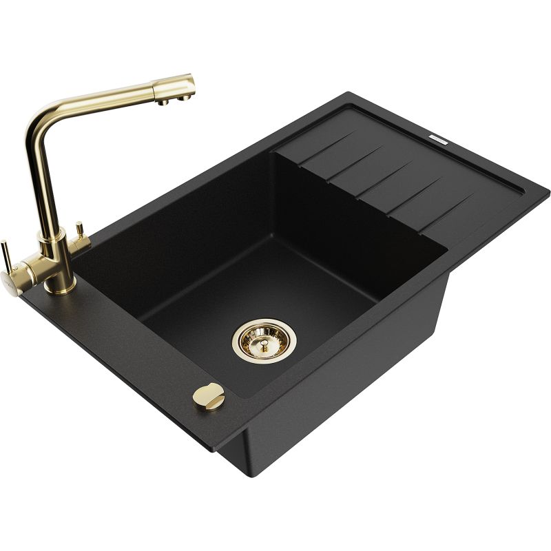 Zlewozmywak granitowy 1-komorowy Mexen Elias z ociekaczem i baterią kuchenną Duero czarny 6511-77-671600-50