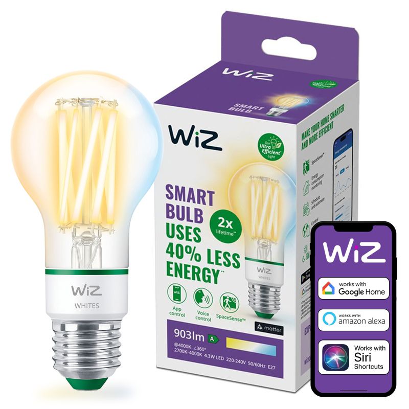 Żarówka LED WiZ E27 A60 4.3W 903lm 2700-4000K TW Filament Inteligentna Smart WiFi Bluetooth Aplikacja 1 szt.