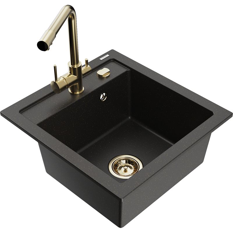 Zlewozmywak granitowy 1-komorowy Mexen Vito z baterią kuchenną Duero czarny/złoty metalik 6503-75-671600-50