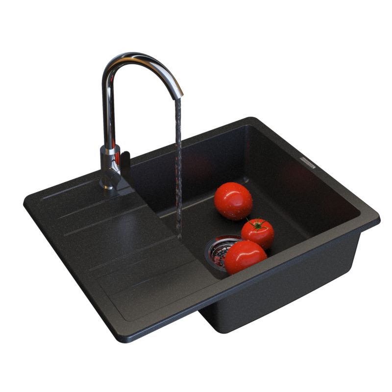 Zlewozmywak Granitowy Jednokomorowy Z Ociekaczem Paros czarny Granitan Zestaw Zlew Bateria Syfon 1 szt.