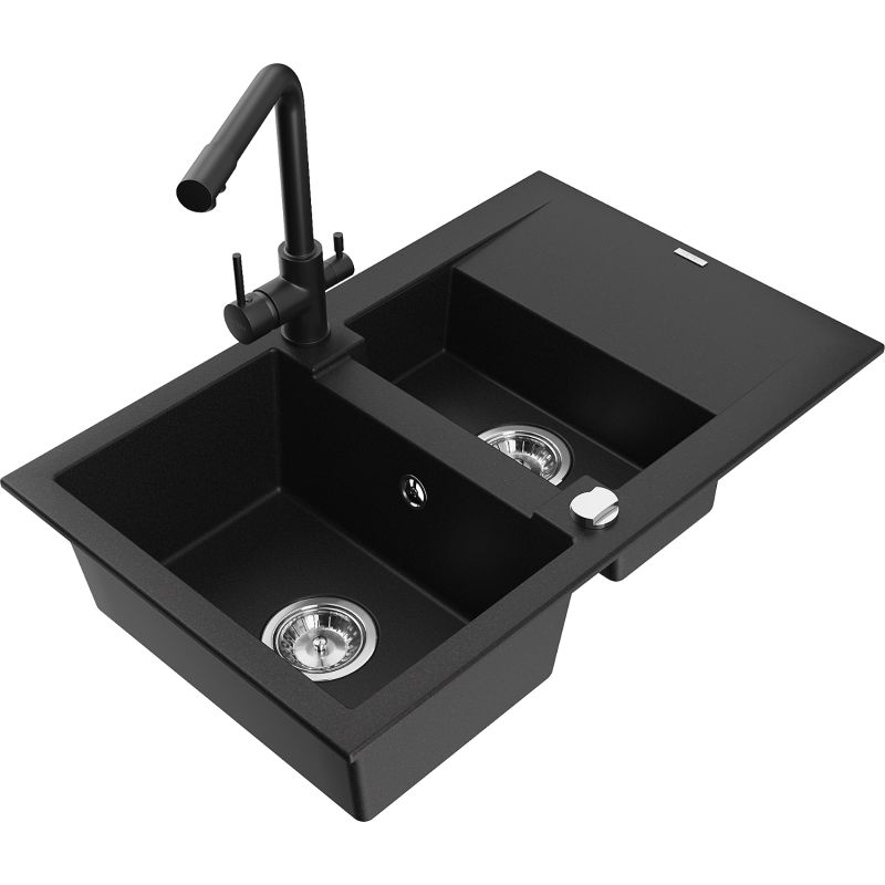 Zlewozmywak granitowy 1.5-komorowy Mexen Gaspar z ociekaczem i baterią Duero czarny nakrapiany - 6507-76-671600-50 1 szt.