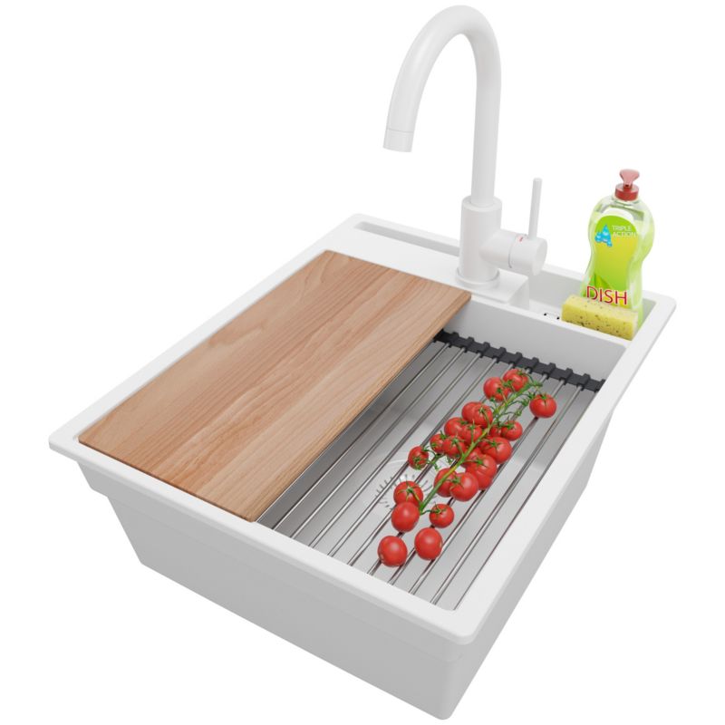 Zlewozmywak Granitowy Oslo Pocket PRIMAGRAN Nablatowy 43x53cm do szafki od 45cm z Syfonem i Baterią i Dodatkiem Cały Biały 1 szt.