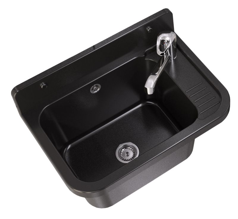 Zlew Gospodarczy Paron Granitan Bateria z Wyciąganą Wylewką Czarny