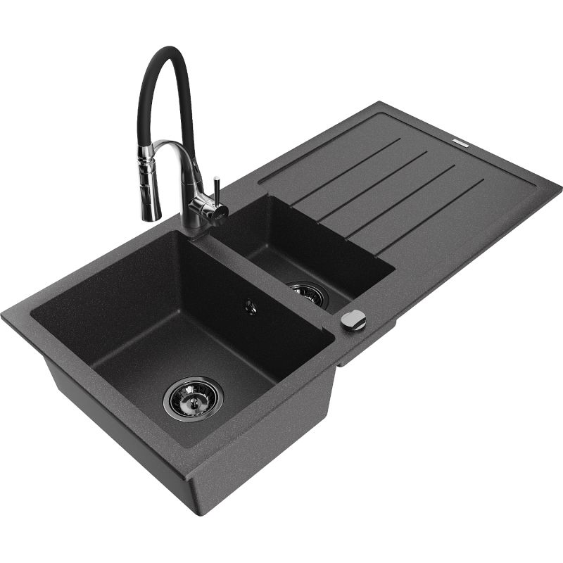 Zlewozmywak granitowy 1.5-komorowy Mexen Andres z ociekaczem i baterią kuchenną Aster czarny nakrapiany 6515-76-73450-07-B