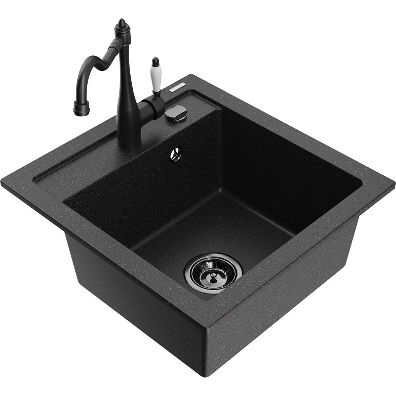 Zlewozmywak granitowy 1-komorowy Mexen Vito z baterią kuchenną Carla czarny/srebrny metalik 6503-73-670700-70-B