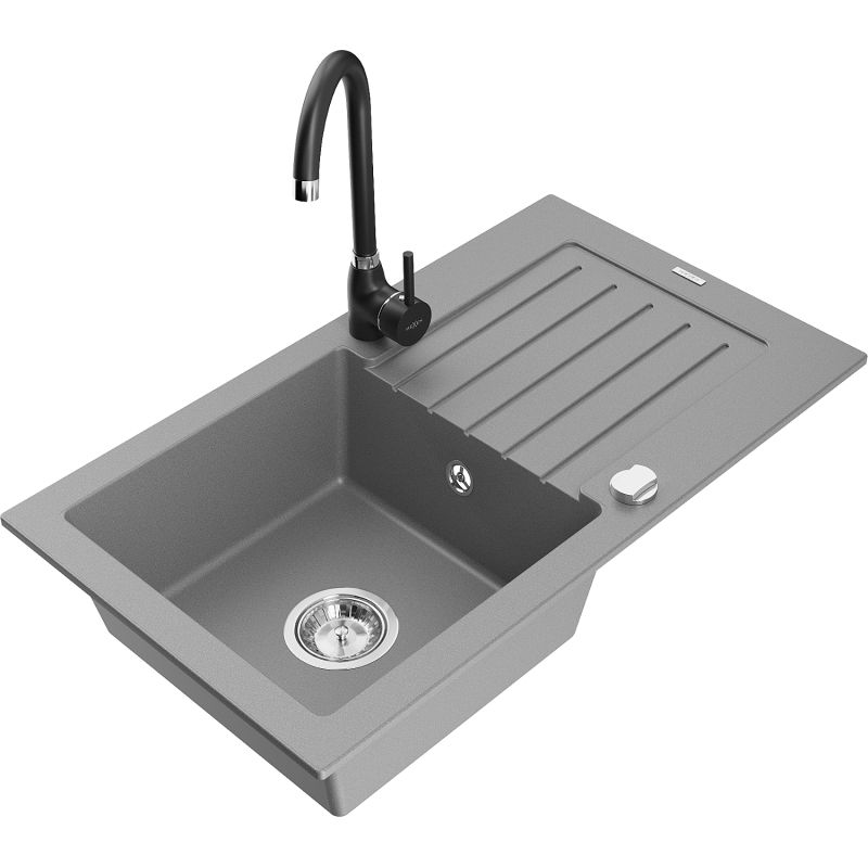 Zlewozmywak granitowy 1-komorowy Mexen Pablo z ociekaczem i baterią kuchenną Telma szary 6510-71-670200-70