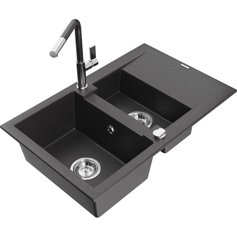 Zlewozmywak granitowy 1.5-komorowy Mexen Gaspar z ociekaczem i baterią Flora czarny nakrapiany - 6507-76-670401-07-B 1 szt.