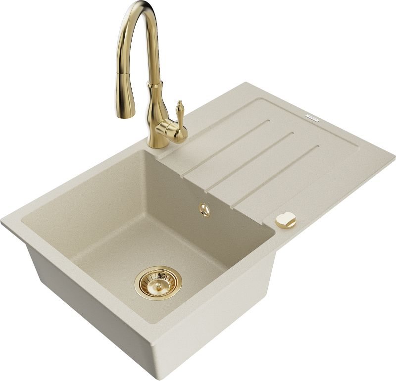 Zlewozmywak granitowy Mexen Bruno 1-komorowy z ociekaczem i baterią kuchenną Savita beżowy - 6513-69-672601-00 1 szt.