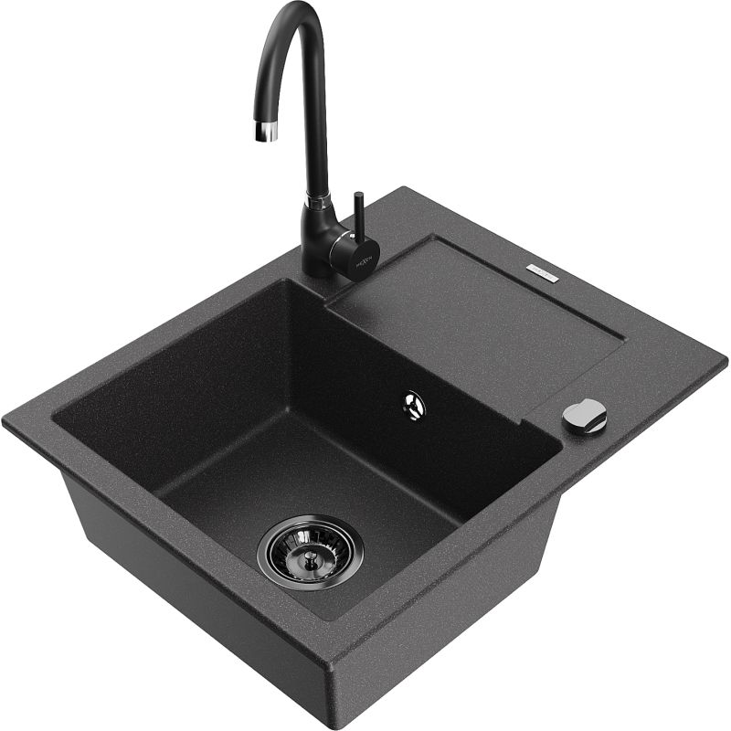 Zlewozmywak granitowy 1-komorowy Mexen Enzo z ociekaczem i baterią kuchenną Telma czarny nakrapiany 6506-76-670200-70-B