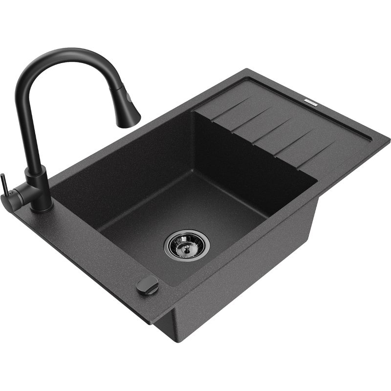 Zlewozmywak granitowy 1-komorowy Mexen Elias z ociekaczem i baterią kuchenną Elia czarny nakrapiany - 6511-76-670101-50 1 szt.
