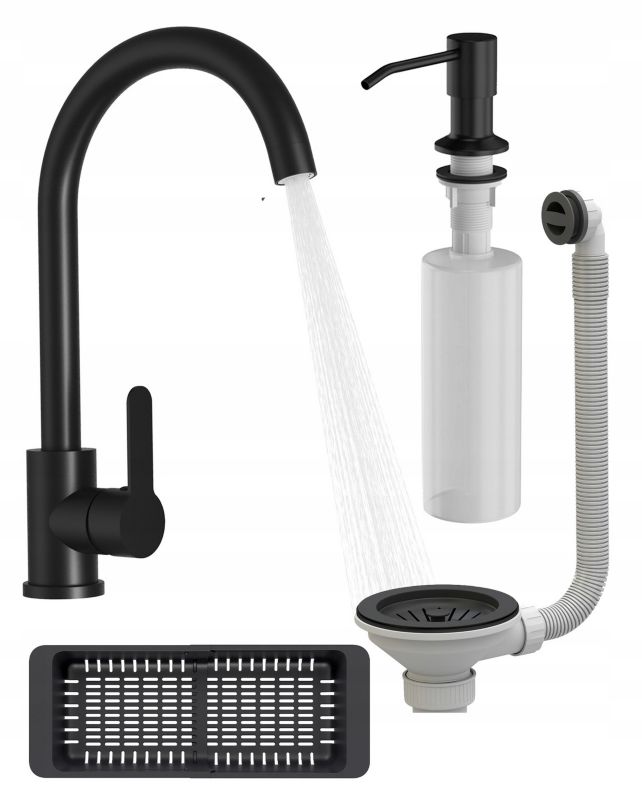 Bateria Kuchenna Syfon Dozownik Koszyk Granitan Zestaw Kuchenny Czarny Do Zlewu 1 kpt.