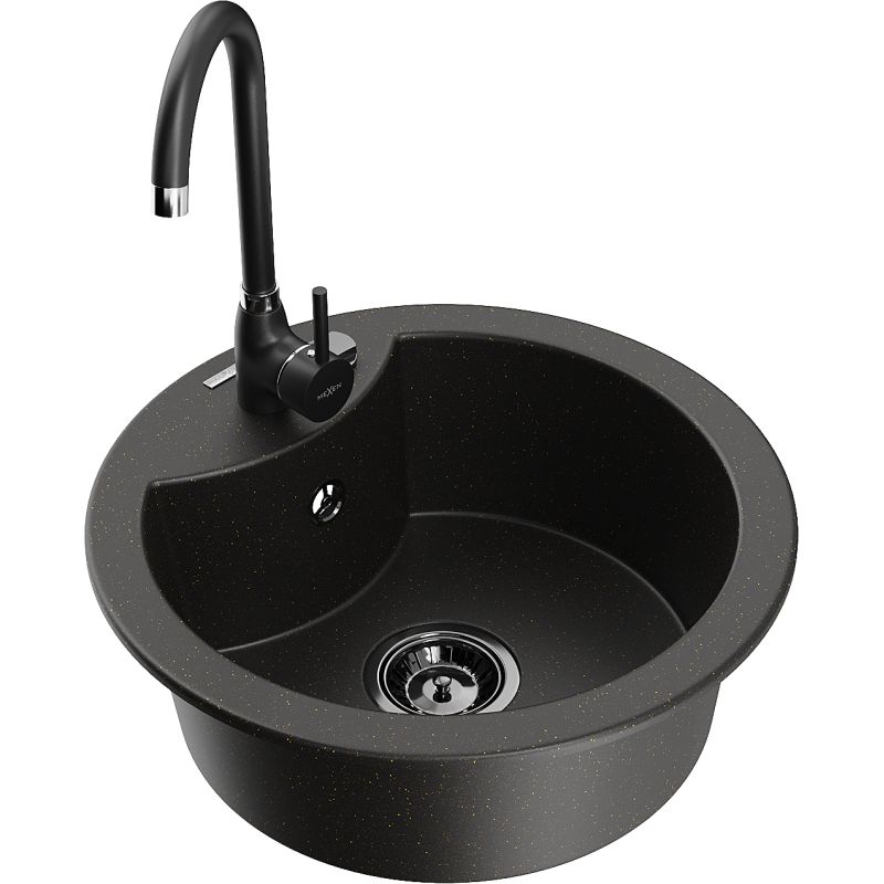 Zlewozmywak granitowy 1-komorowy Mexen Diego z baterią kuchenną Telma czarny/złoty 6512-75-670200-70-B