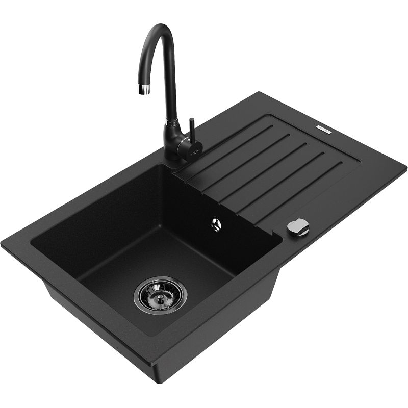Zlewozmywak granitowy 1-komorowy Mexen Pablo z ociekaczem i baterią kuchenną Telma czarny 6510-77-670200-70-B