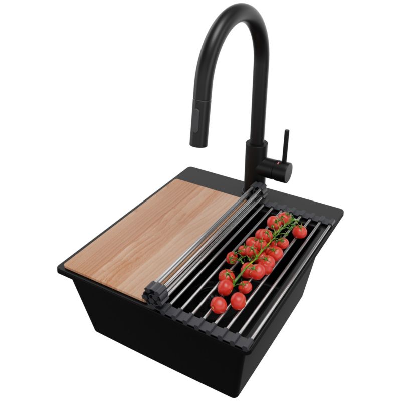 Zlewozmywak Granitowy Ryga Easy PRIMAGRAN Nablatowy 38x44cm do szafki od 40cm z Syfonem i Baterią i Dodatkiem Cały Czarny 1 szt.