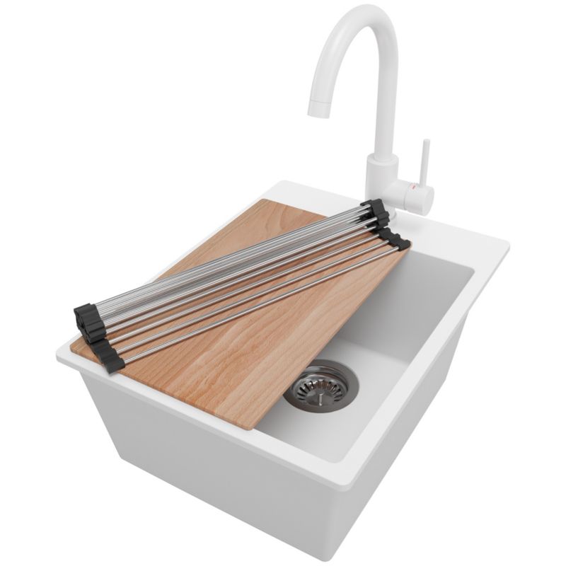 Zlewozmywak Granitowy Ryga PRIMAGRAN Nablatowy 38x50cm do szafki od 40cm z Syfonem i Baterią i Dodatkiem Biały 1 szt.