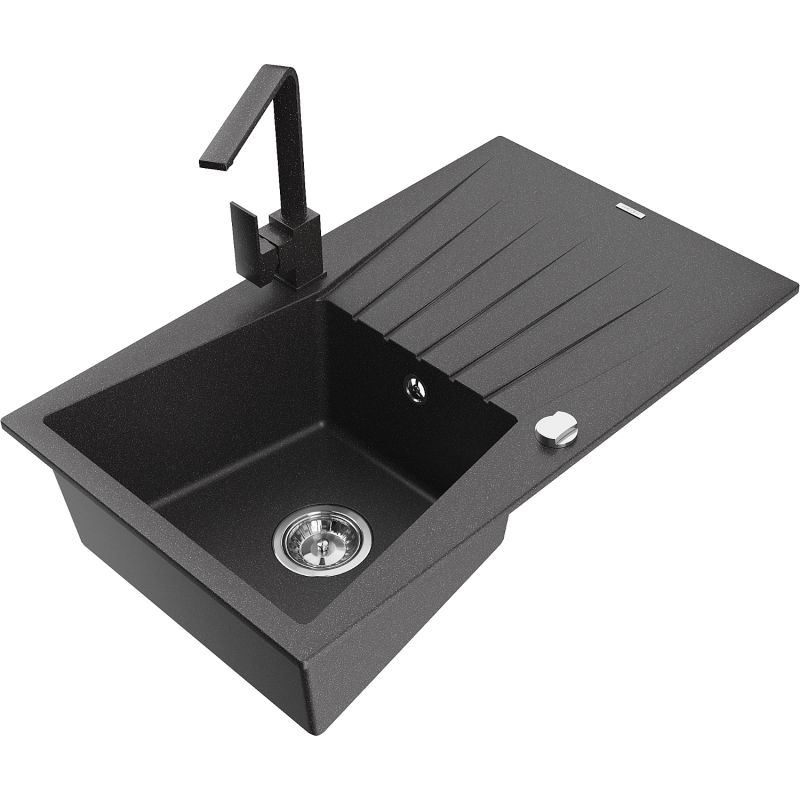Zlewozmywak granitowy 1-komorowy Mexen Cesar z ociekaczem i baterią Rita czarny/srebrny metalik - 6514-73-670300-70-B 1 szt.
