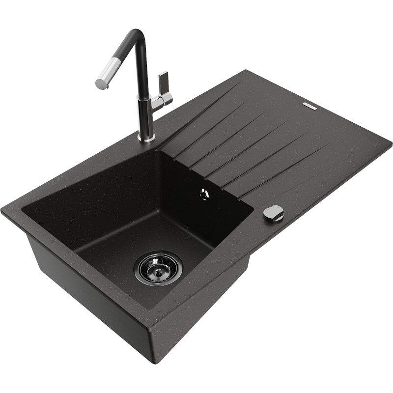 Zlewozmywak granitowy 1-komorowy Mexen Cesar z ociekaczem i baterią kuchenną Flora czarny/złoty metalik 6514-75-670401-07-B