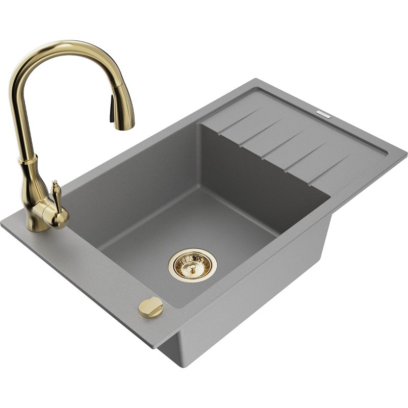 Zlewozmywak granitowy 1-komorowy Mexen Elias z ociekaczem i baterią kuchenną Savita szary 6511-71-672601-50