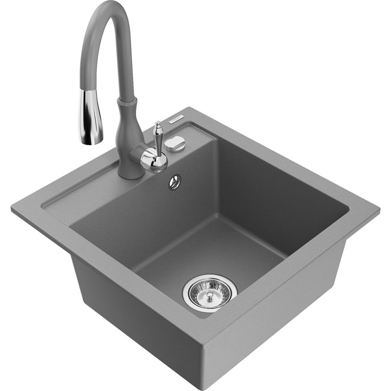 Zlewozmywak granitowy 1-komorowy Mexen Vito z baterią kuchenną Savita szary 6503-71-672601-71