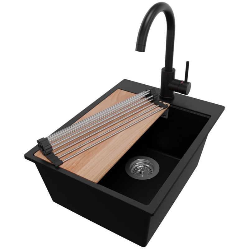 Zlewozmywak Granitowy Oslo PRIMAGRAN Nablatowy 38x50cm do szafki od 40cm z Syfonem i Baterią i Dodatkiem Czarny 1 szt.