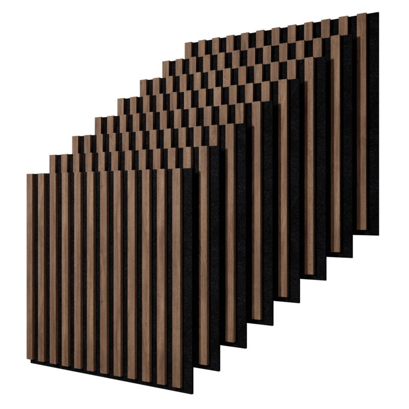 Lamele ścienne na czarnym filcu Stegu, orzech Esotica panele akustyczne 60x60,5cm 8 szt.