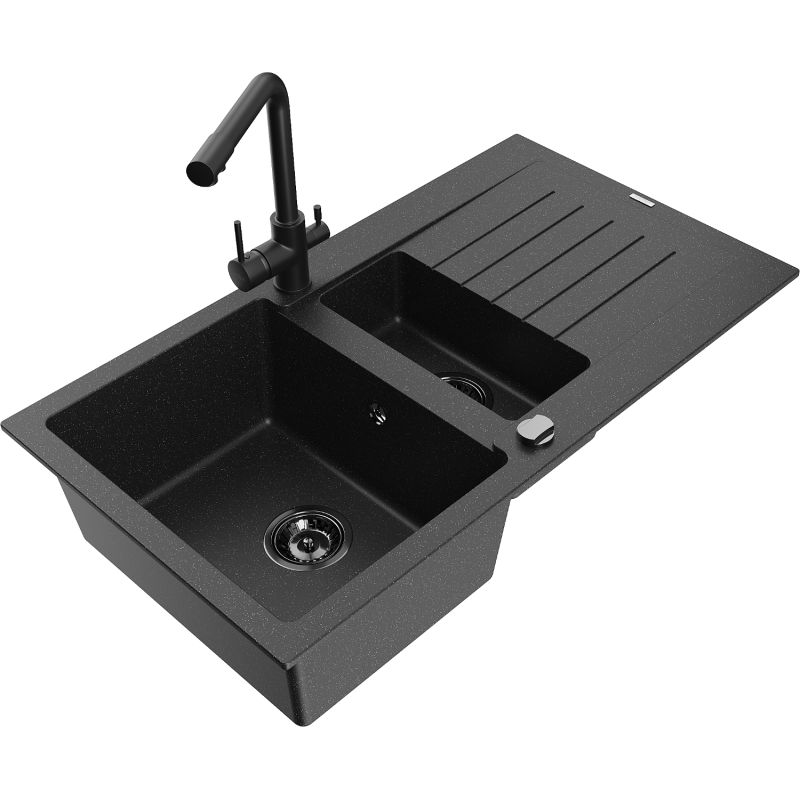 Zlewozmywak granitowy 1.5-komorowy Mexen Matias z ociekaczem i baterią Duero czarny/srebrny metalik - 6502-73-671600-70 1 szt.