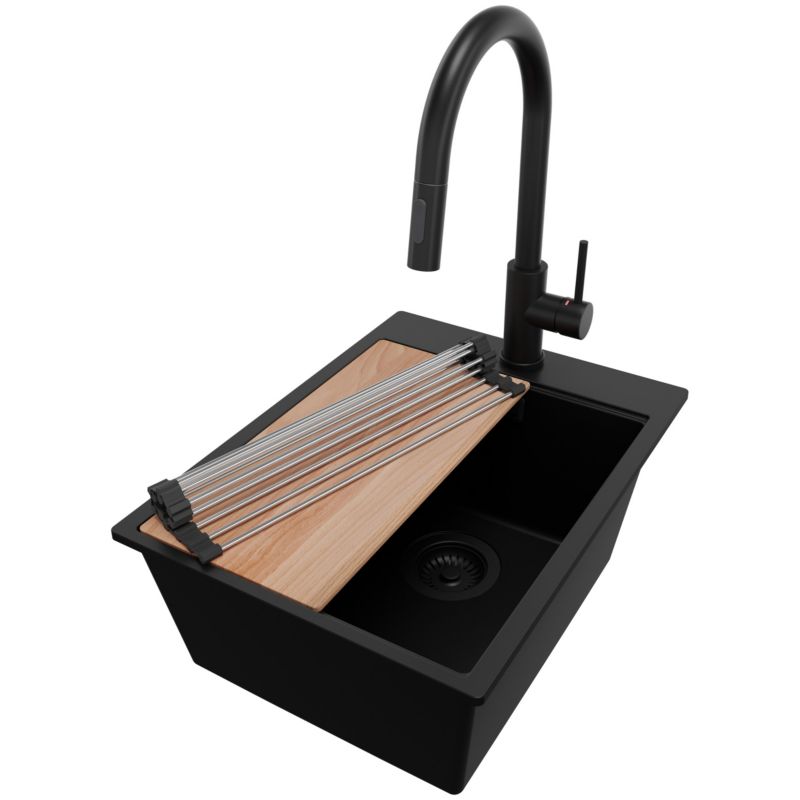 Zlewozmywak Granitowy Oslo PRIMAGRAN Nablatowy 38x50cm do szafki od 40cm z Syfonem i Baterią i Dodatkiem Cały Czarny 1 szt.