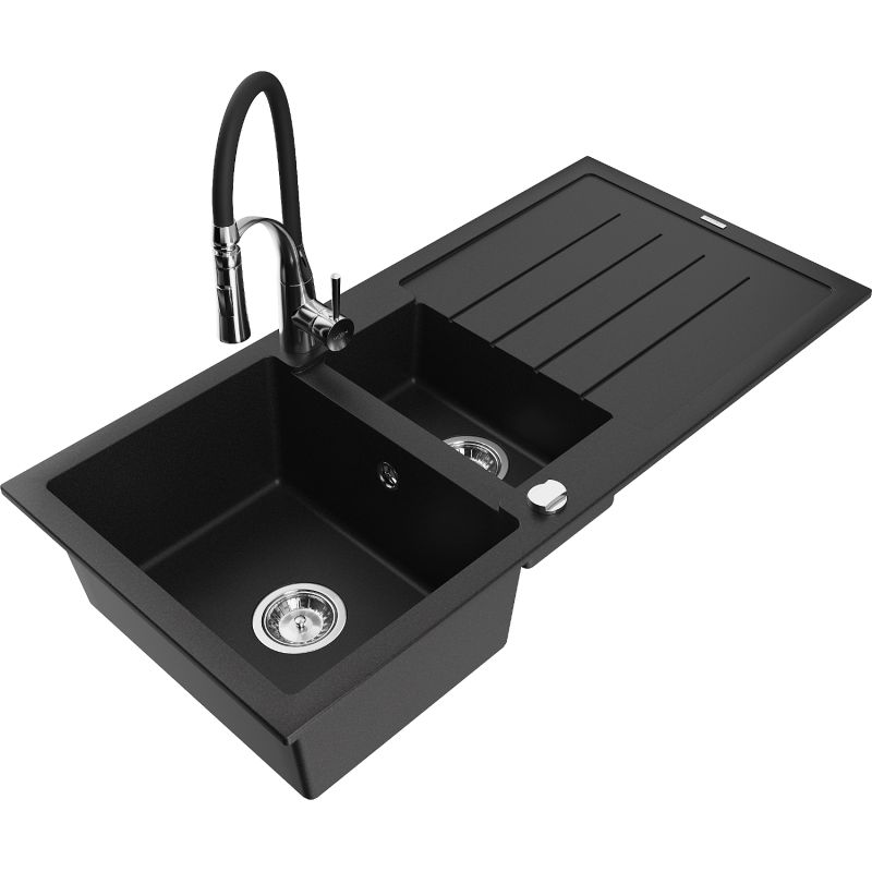 Zlewozmywak granitowy 1.5-komorowy Mexen Andres z ociekaczem i baterią Aster czarny nakrapiany - 6515-76-73450-70-B 1 szt.