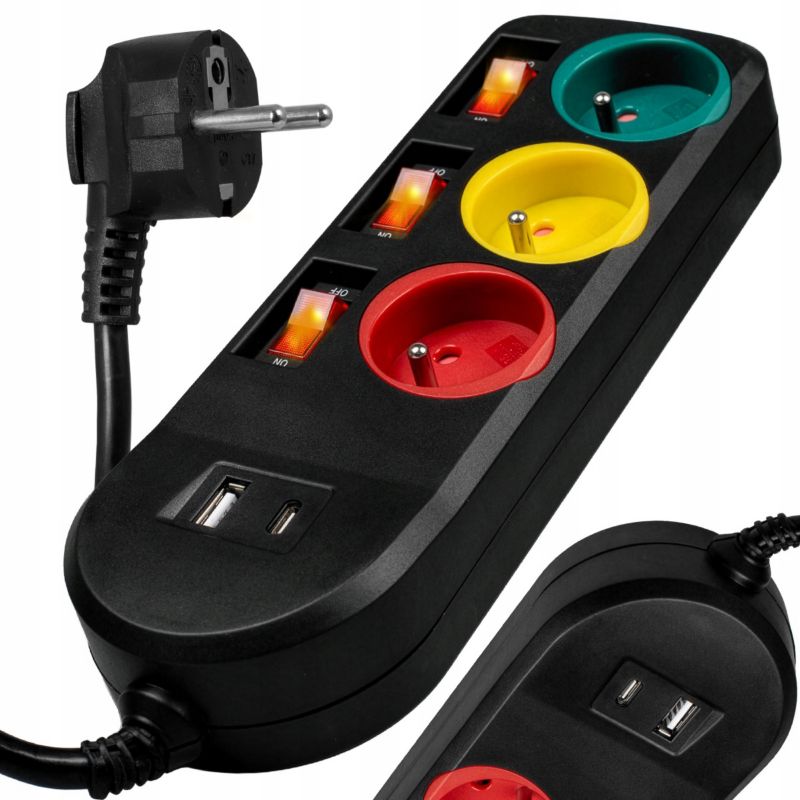 Przedłużacz listwa zasilająca Vayox VA0402 3 gniazda z włącznikami 16A USB + USB-C czarny 2m 1 szt.