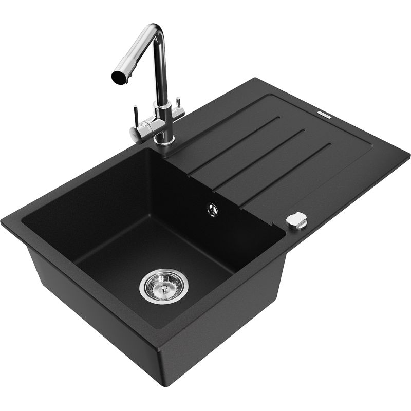 Zlewozmywak granitowy 1-komorowy Mexen Bruno z ociekaczem i baterią kuchenną Duero czarny 6513-77-671600-00