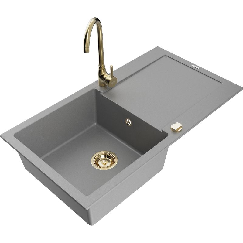 Zlewozmywak granitowy 1-komorowy Mexen Leo z ociekaczem i baterią kuchenną Telma szary 6501-71-670200-50