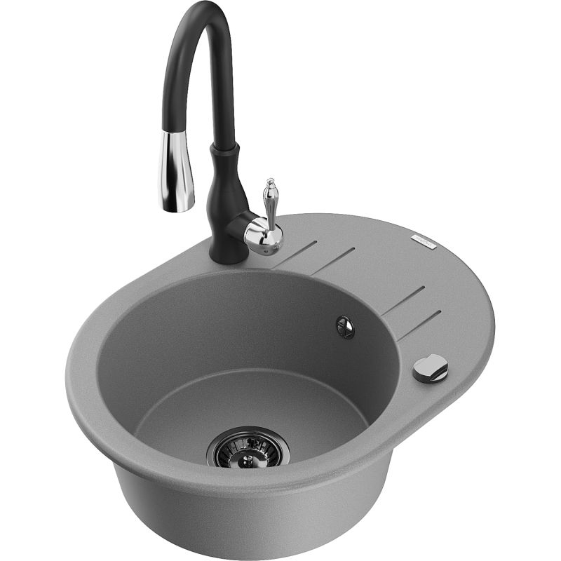 Zlewozmywak granitowy 1-komorowy Mexen Kevin z ociekaczem i baterią kuchenną Savita szary 6517-71-672601-70-B