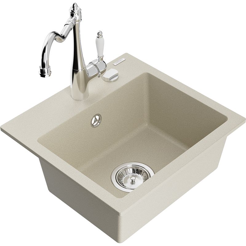 Zlewozmywak granitowy 1-komorowy Mexen Milo z baterią kuchenną Carla beżowy 6505-69-670700-00