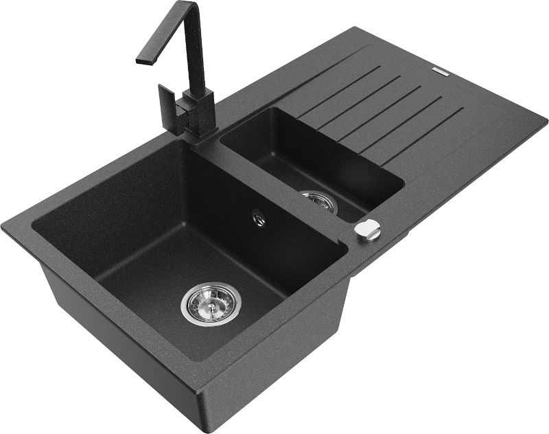 Zlewozmywak granitowy Mexen Matias 1,5-komorowy z ociekaczem i baterią kuchenną Savita czarny - 6502-76-672601-76 1 szt.