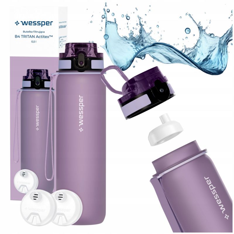 Butelka na wodę, Wessper, filtrująca, tritanowa, bidon + 2x filtr wody, bez BPA, 500ml, B4 TRITAN Actitex, lawendowa, 3szt