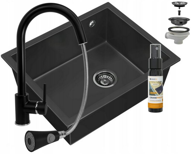 Zlewozmywak Granitowy Granitan Salix Jednokomorowy z Syfonem i Baterią Snake 1kpl.