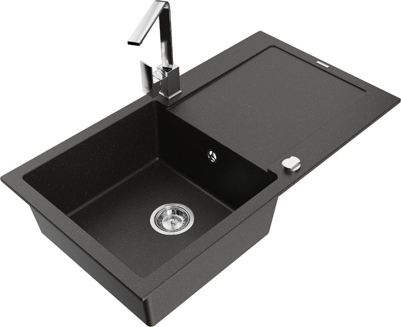 Zlewozmywak granitowy Mexen Leo 1-komorowy z ociekaczem i baterią kuchenną Rita czarny/złoty 6501-75-670300-00