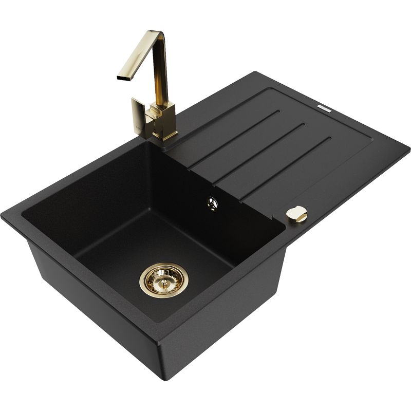 Zlewozmywak granitowy 1-komorowy Mexen Bruno z ociekaczem i baterią kuchenną Rita czarny 6513-77-670300-50