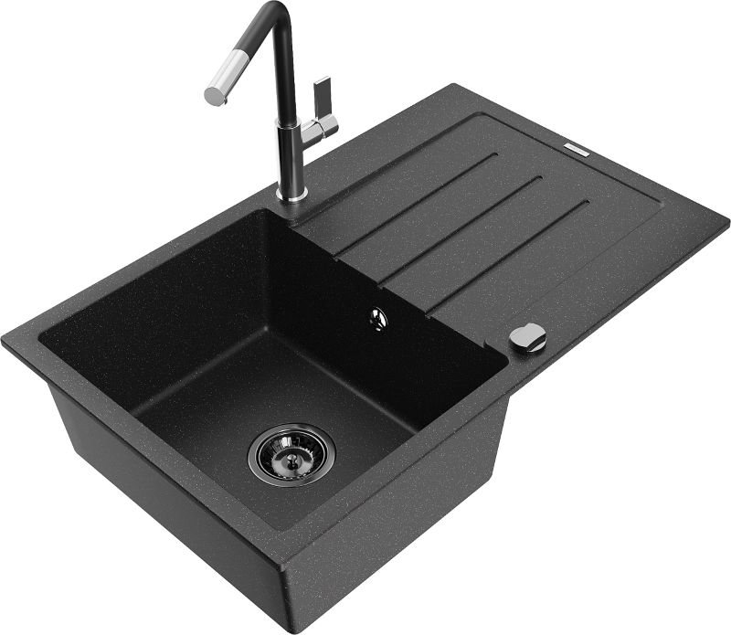 Zlewozmywak granitowy Mexen Bruno 1-komorowy z ociekaczem i baterią kuchenną Flora czarny/srebrny 6513-73-670401-07-B