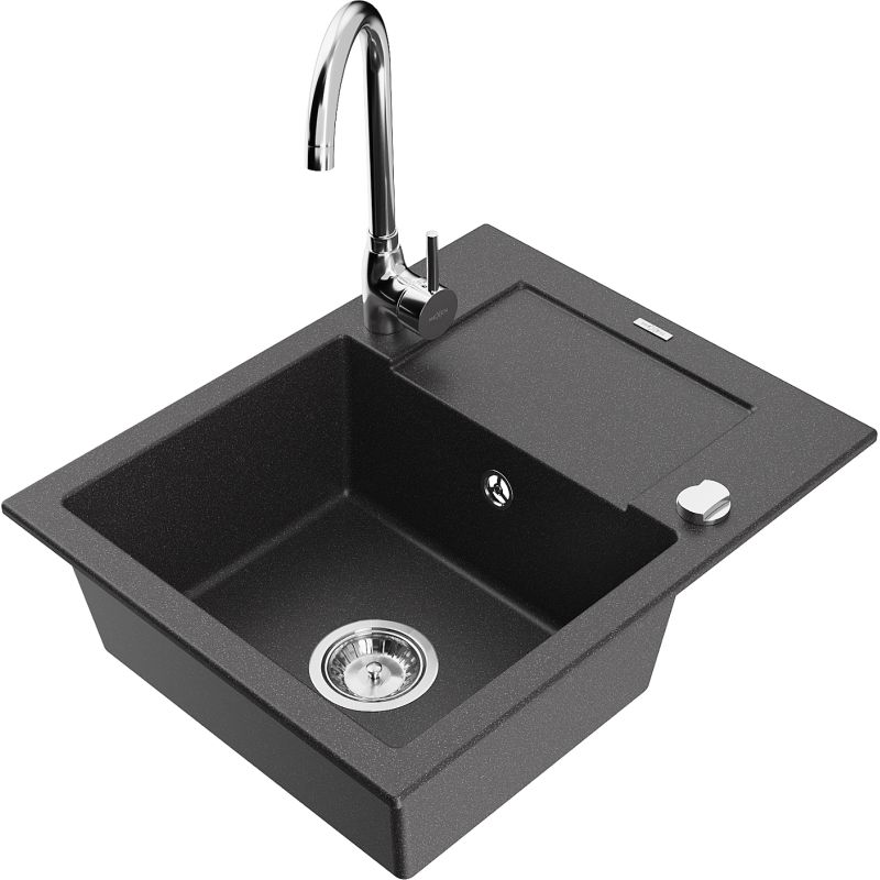 Zlewozmywak granitowy 1-komorowy Mexen Enzo z ociekaczem i baterią kuchenną Telma czarny nakrapiany 6506-76-670200-00