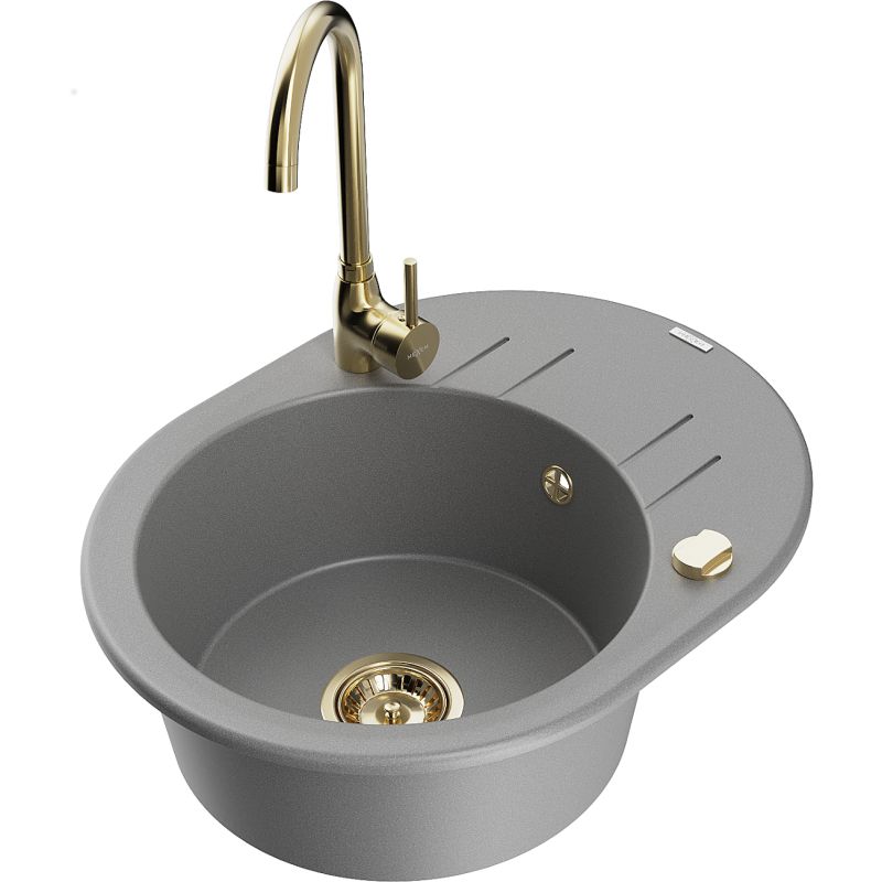 Zlewozmywak granitowy 1-komorowy Mexen Kevin z ociekaczem i baterią kuchenną Telma szary 6517-71-670200-50