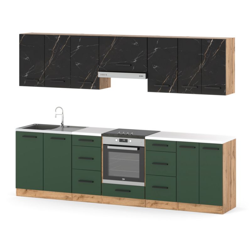 Zestaw Kuchenny Hurtownia-Mebli Z Blatem Kuchnia Roma 280cm Dąb Wotan San Sebastian/Butelkowa Zieleń 280x47x145 cm 1szt.