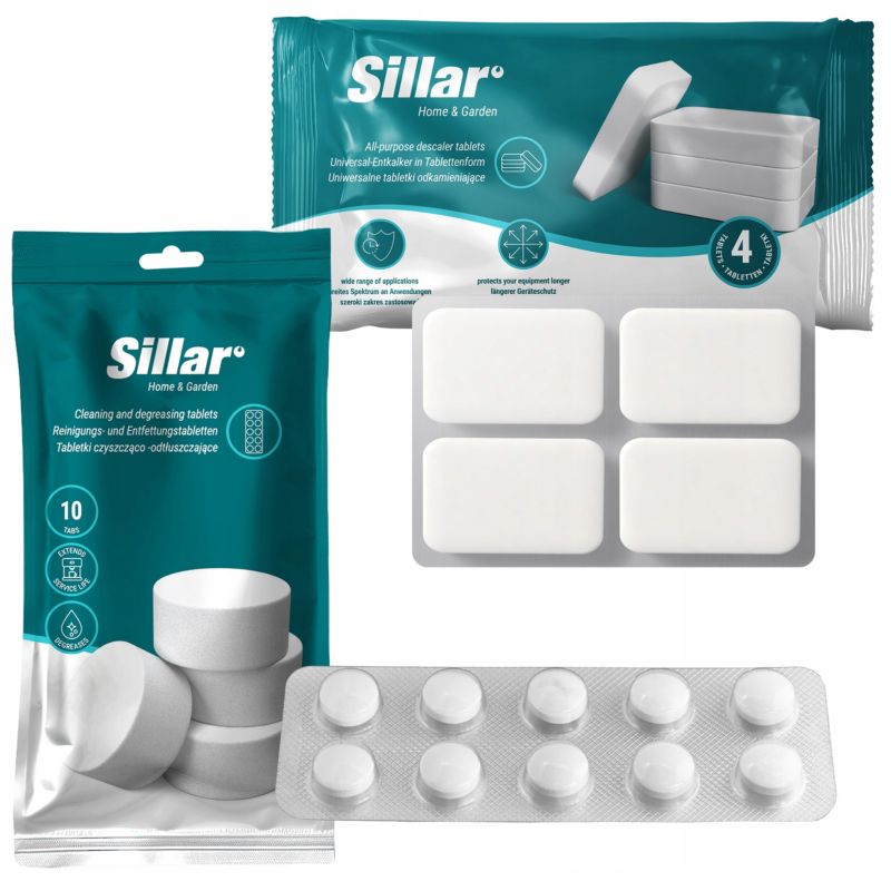 Odkamieniacz, Sillar, w tabletkach, uniwersalny, 4szt + odtłuszczacz, 10szt, zestaw do ekspresów, sprzętu AGD, 5szt