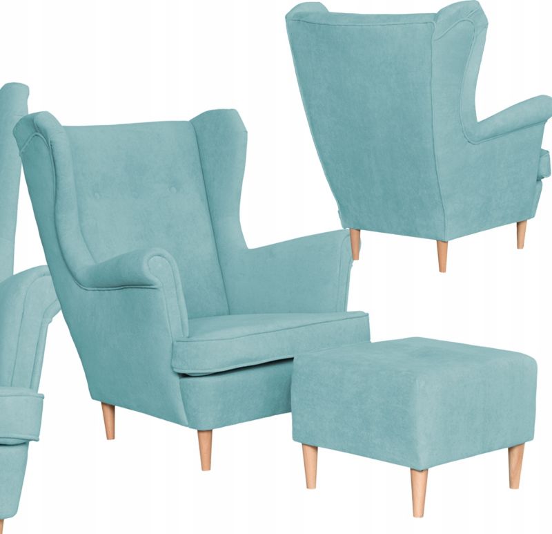 Fotel uszak do salonu z podnóżkiem Family Meble Hunter błękitny 1szt