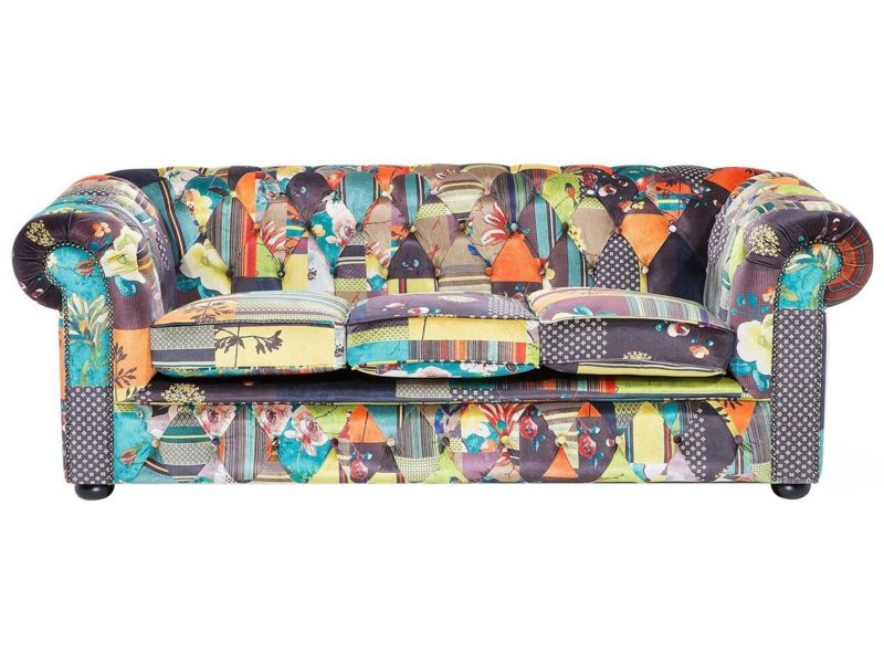 Sofa 3-osobowa patchworkowa zielono-żółta Chesterfield 1 szt.