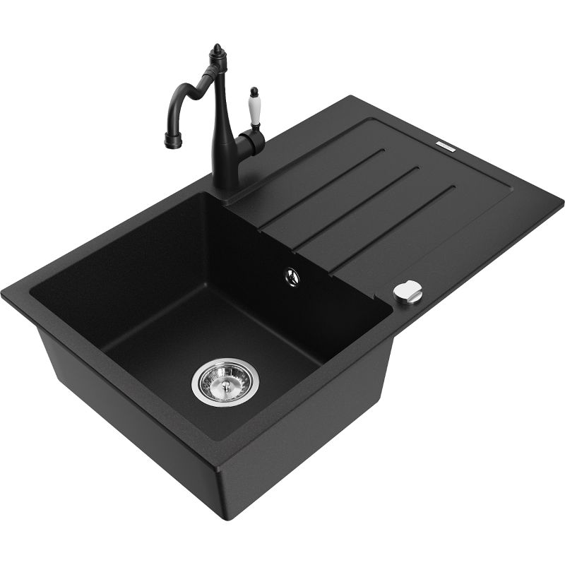 Zlewozmywak granitowy 1-komorowy Mexen Bruno z ociekaczem i baterią kuchenną Carla czarny nakrapiany - 6513-76-670700-76 1 szt.