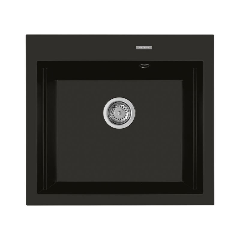 Zlewozmywak granitowy Oltens Gravan 57x51,5 cm czarny, 1 komora, syfon, czarny mat, 1 szt.