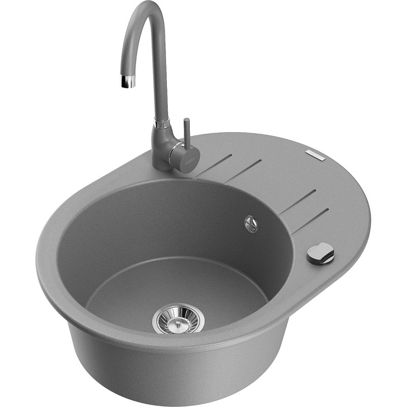 Zlewozmywak granitowy 1-komorowy Mexen Leo z ociekaczem i baterią kuchenną Aster czarny - 6501-77-73450-70-B 1 szt.