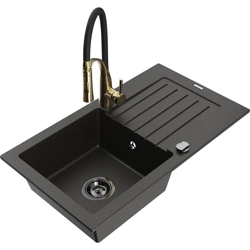 Zlewozmywak granitowy 1-komorowy Mexen Pablo z ociekaczem i baterią kuchenną Aster czarny/złoty metalik 6510-75-73450-57-B
